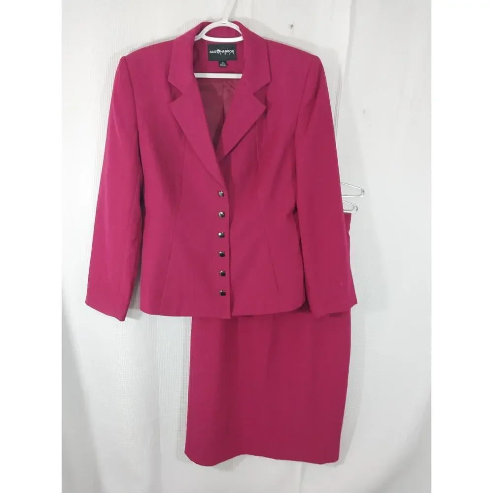 SAG HARBOR! FUSCHIA PINK, 6 BUTTON, 2 PC SKIRT & JACKET, BLAZER SUIT SET! SZ 10